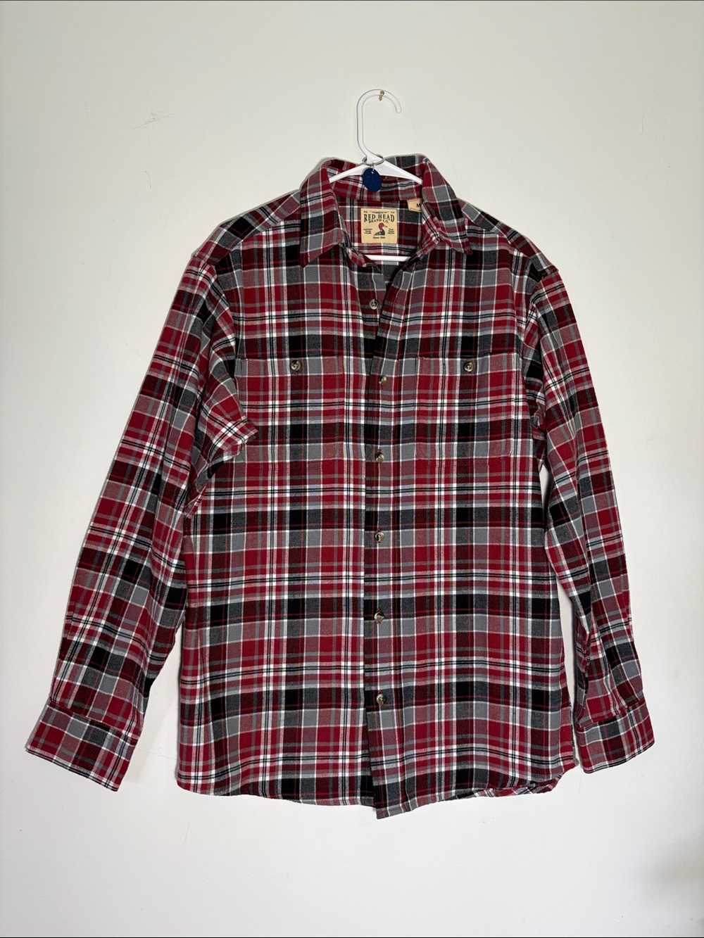 RedHead Red Black and White Plaid Flannel Button-Down Shirt great condition